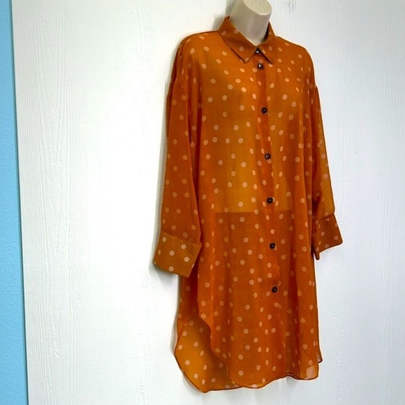 Zara - Polkadot Cream And Orange Button Down Long Chiffon Top Size Medium - Picture 4 of 13